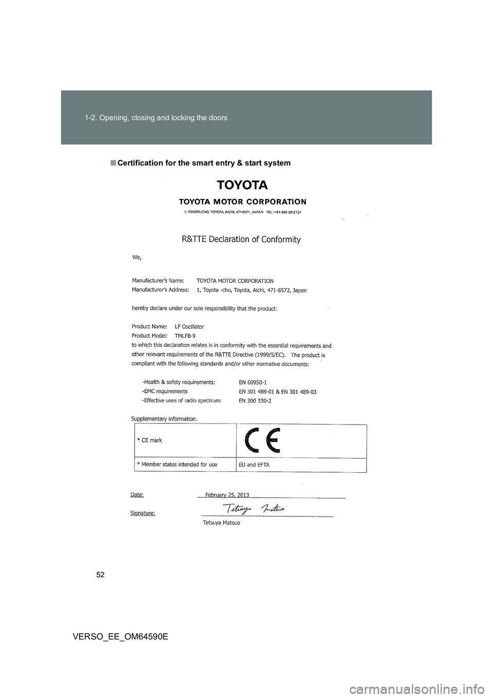 TOYOTA VERSO 2016 Workshop Manual 52 
1-2. Opening, closing and locking the doors
VERSO_EE_OM64590E
■ Certification for the smart entry & start system 