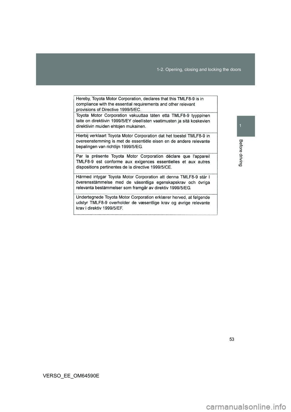TOYOTA VERSO 2016 Workshop Manual 53 
1-2. Opening, closing and locking the doors
1
Before driving
VERSO_EE_OM64590E 