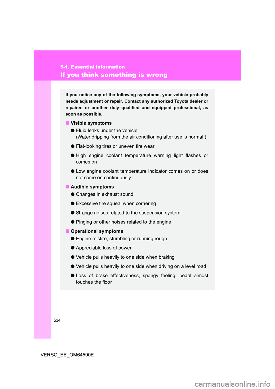 TOYOTA VERSO 2016  Owners Manual 534
5-1. Essential information
VERSO_EE_OM64590E
If you think something is wrong
If you notice any of the following symptoms, your vehicle probably 
needs adjustment or repair. Contact  any authorized