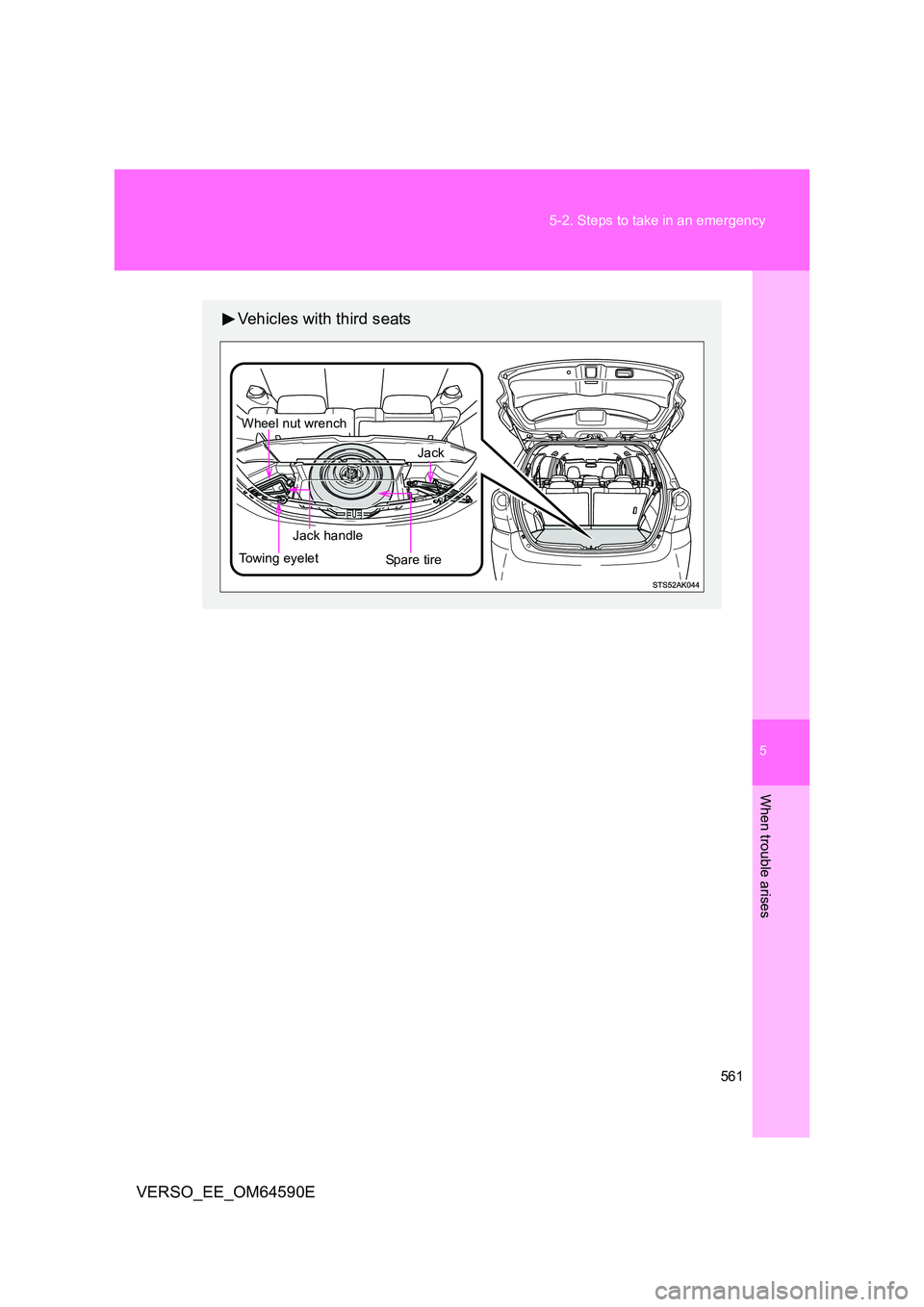 TOYOTA VERSO 2016  Owners Manual 5
561 
5-2. Steps to take in an emergency
When trouble arises
VERSO_EE_OM64590E
Vehicles with third seats
Spare tire
 Jack handle
Jack
Wheel nut wrench
Towing eyelet 