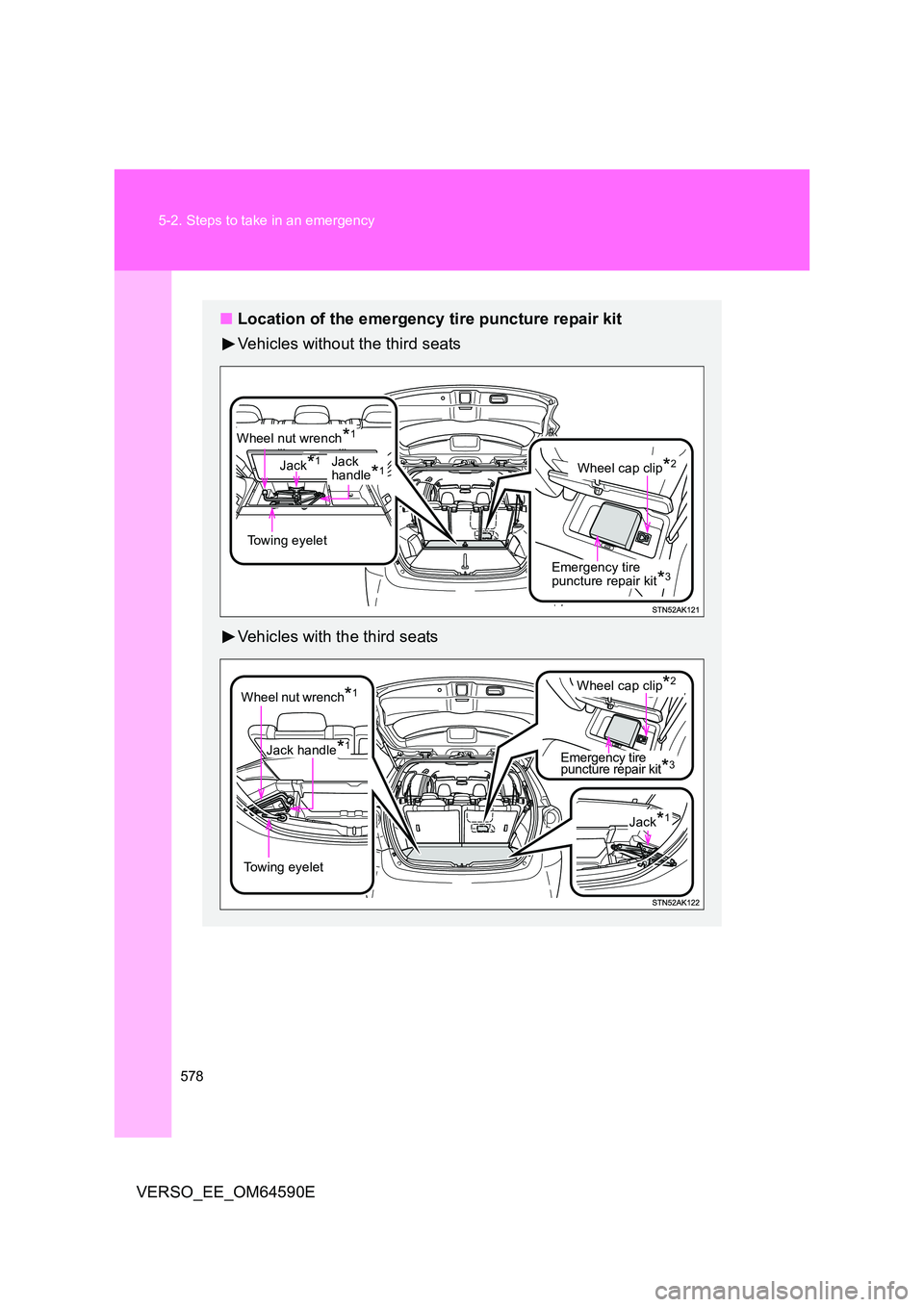 TOYOTA VERSO 2016 Owners Manual 578
5-2. Steps to take in an emergency
VERSO_EE_OM64590E
■ Location of the emergency tire puncture repair kit
Vehicles without the third seats
Vehicles with the third seats
Emergency tire punctu TOYOTA VERSO 2016 Owners Manual 578
5-2. Steps to take in an emergency
VERSO_EE_OM64590E
■ Location of the emergency tire puncture repair kit
Vehicles without the third seats
Vehicles with the third seats
Emergency tire punctu