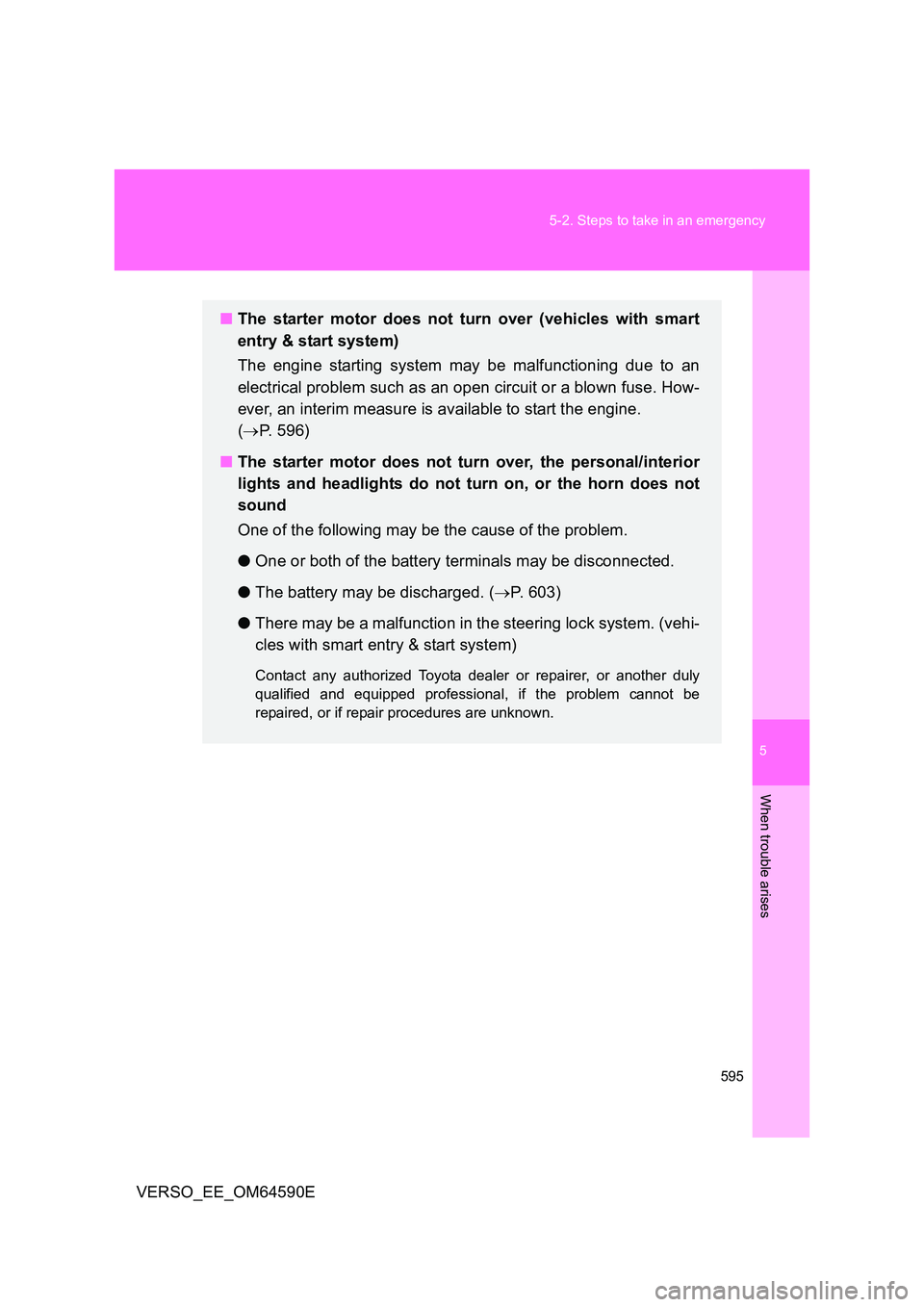 TOYOTA VERSO 2016  Owners Manual 5
595 
5-2. Steps to take in an emergency
When trouble arises
VERSO_EE_OM64590E
■ The starter motor does not turn over (vehicles with smart 
entry & start system) 
The engine starting system may be 