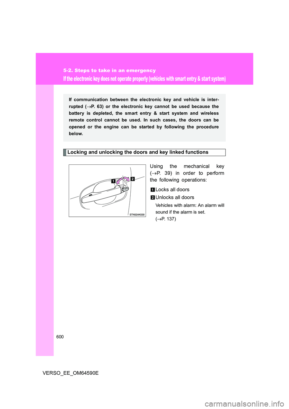 TOYOTA VERSO 2016  Owners Manual 600
5-2. Steps to take in an emergency
VERSO_EE_OM64590E
If the electronic key does not operate properly (vehicles with smart entry & start system)
Locking and unlocking the doors and key linked funct
