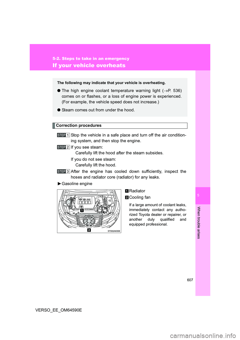 TOYOTA VERSO 2016 Owners Manual 5
607
5-2. Steps to take in an emergency
When trouble arises
VERSO_EE_OM64590E
If your vehicle overheats
Correction procedures
Stop the vehicle in a safe place and turn off the air condition-
ing sy TOYOTA VERSO 2016 Owners Manual 5
607
5-2. Steps to take in an emergency
When trouble arises
VERSO_EE_OM64590E
If your vehicle overheats
Correction procedures
Stop the vehicle in a safe place and turn off the air condition-
ing sy