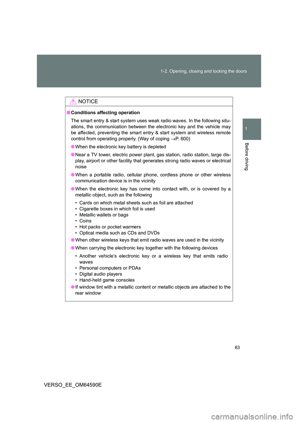 TOYOTA VERSO 2016 Repair Manual 63
1-2. Opening, closing and locking the doors
1
Before driving
VERSO_EE_OM64590E
NOTICE
■ Conditions affecting operation
The smart entry & start system uses weak radio waves. In the following sit TOYOTA VERSO 2016 Repair Manual 63
1-2. Opening, closing and locking the doors
1
Before driving
VERSO_EE_OM64590E
NOTICE
■ Conditions affecting operation
The smart entry & start system uses weak radio waves. In the following sit