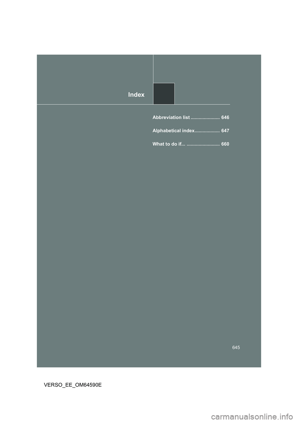 TOYOTA VERSO 2016 Owners Manual Index
645
VERSO_EE_OM64590E
Abbreviation list ...................... 646
Alphabetical index................... 647
What to do if... ......................... 660 TOYOTA VERSO 2016 Owners Manual Index
645
VERSO_EE_OM64590E
Abbreviation list ...................... 646
Alphabetical index................... 647
What to do if... ......................... 660