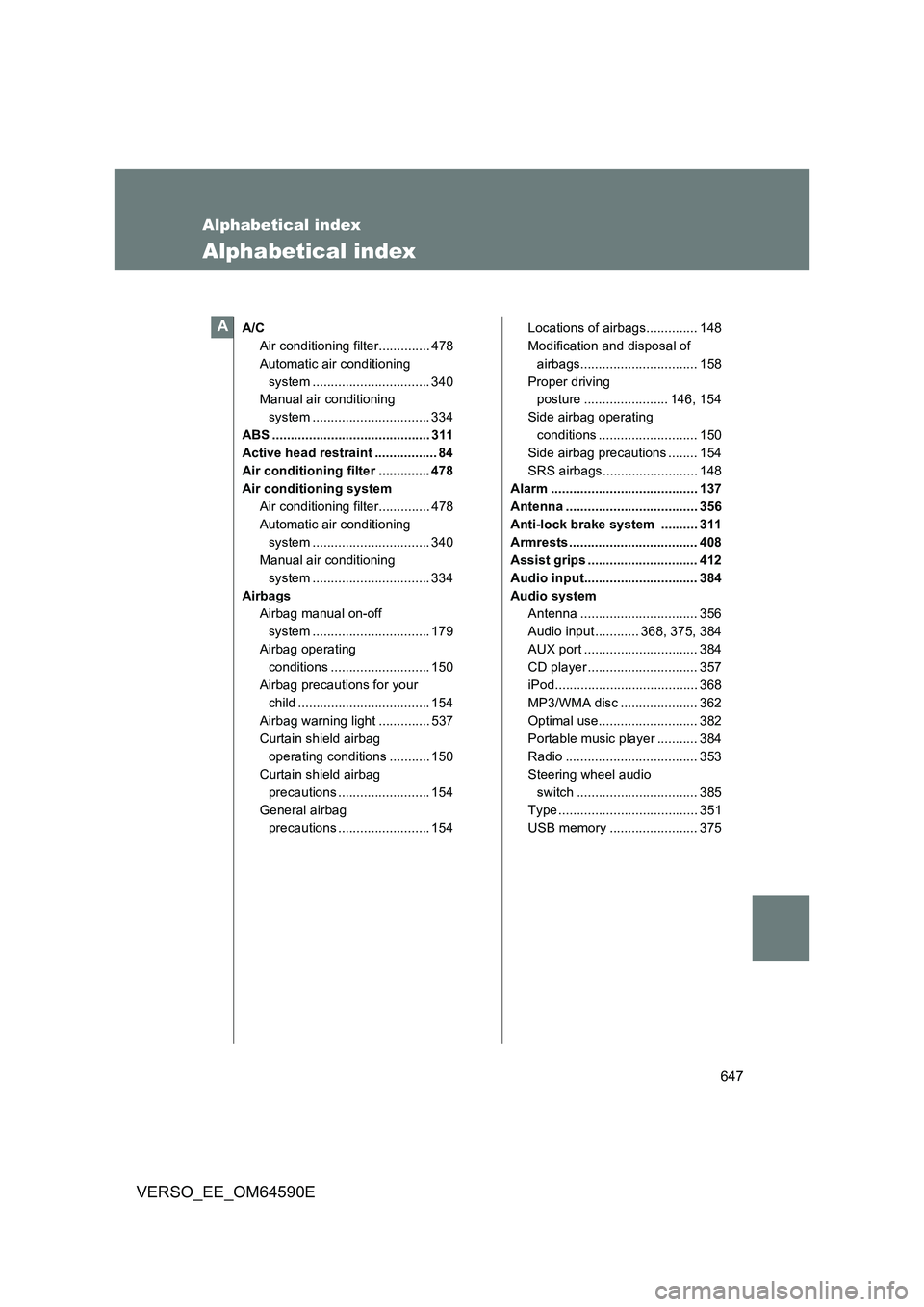 TOYOTA VERSO 2016 Owners Manual 647
VERSO_EE_OM64590E
Alphabetical index
Alphabetical index
A/C
Air conditioning filter.............. 478
Automatic air conditioning
system ................................ 340
Manual air condition TOYOTA VERSO 2016 Owners Manual 647
VERSO_EE_OM64590E
Alphabetical index
Alphabetical index
A/C
Air conditioning filter.............. 478
Automatic air conditioning
system ................................ 340
Manual air condition