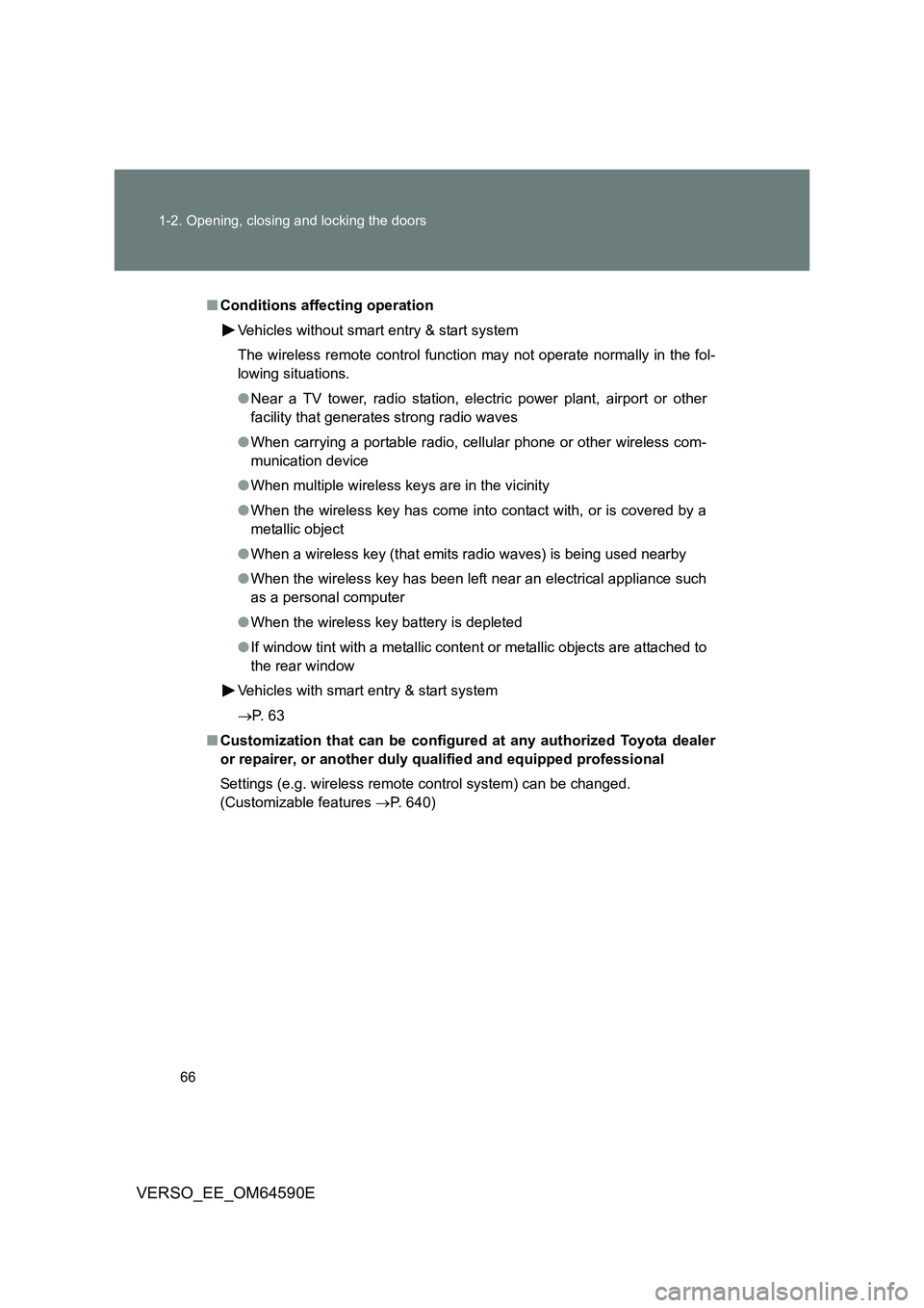 TOYOTA VERSO 2016 Repair Manual 66
1-2. Opening, closing and locking the doors
VERSO_EE_OM64590E
■ Conditions affecting operation
Vehicles without smart entry & start system
The wireless remote control function may not operate TOYOTA VERSO 2016 Repair Manual 66
1-2. Opening, closing and locking the doors
VERSO_EE_OM64590E
■ Conditions affecting operation
Vehicles without smart entry & start system
The wireless remote control function may not operate