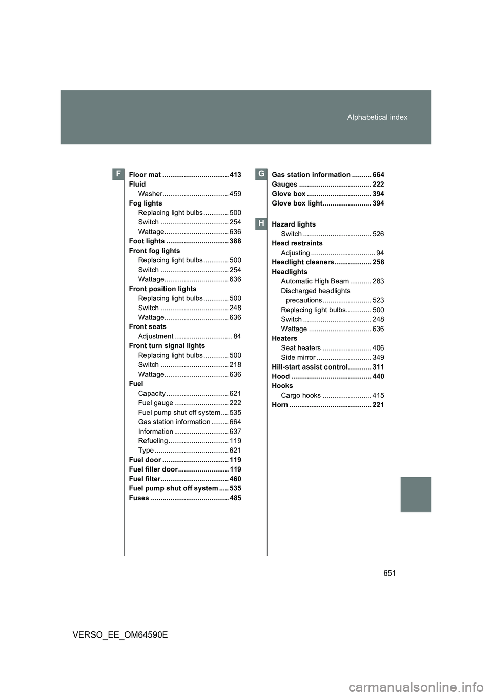 TOYOTA VERSO 2016 Owners Manual 651
Alphabetical index
VERSO_EE_OM64590E
Floor mat .................................. 413
Fluid
Washer.................................. 459
Fog lights
Replacing light bulbs ............. 500
Swit TOYOTA VERSO 2016 Owners Manual 651
Alphabetical index
VERSO_EE_OM64590E
Floor mat .................................. 413
Fluid
Washer.................................. 459
Fog lights
Replacing light bulbs ............. 500
Swit
