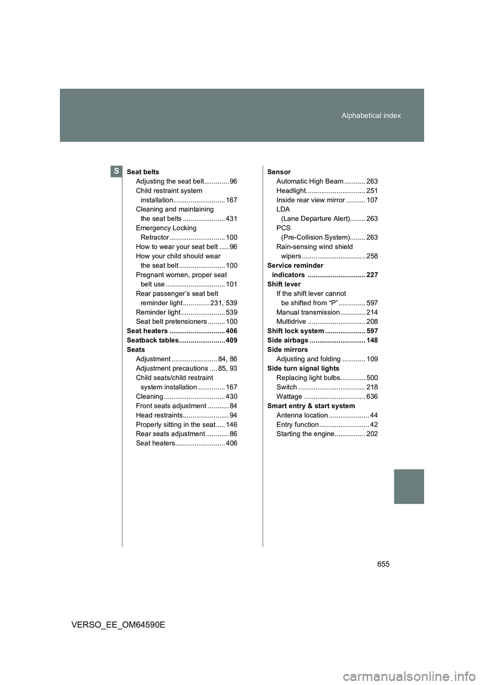 TOYOTA VERSO 2016 Owners Manual 655
Alphabetical index
VERSO_EE_OM64590E
Seat belts
Adjusting the seat belt............. 96
Child restraint system
installation........................... 167
Cleaning and maintaining
the seat b TOYOTA VERSO 2016 Owners Manual 655
Alphabetical index
VERSO_EE_OM64590E
Seat belts
Adjusting the seat belt............. 96
Child restraint system
installation........................... 167
Cleaning and maintaining
the seat b
