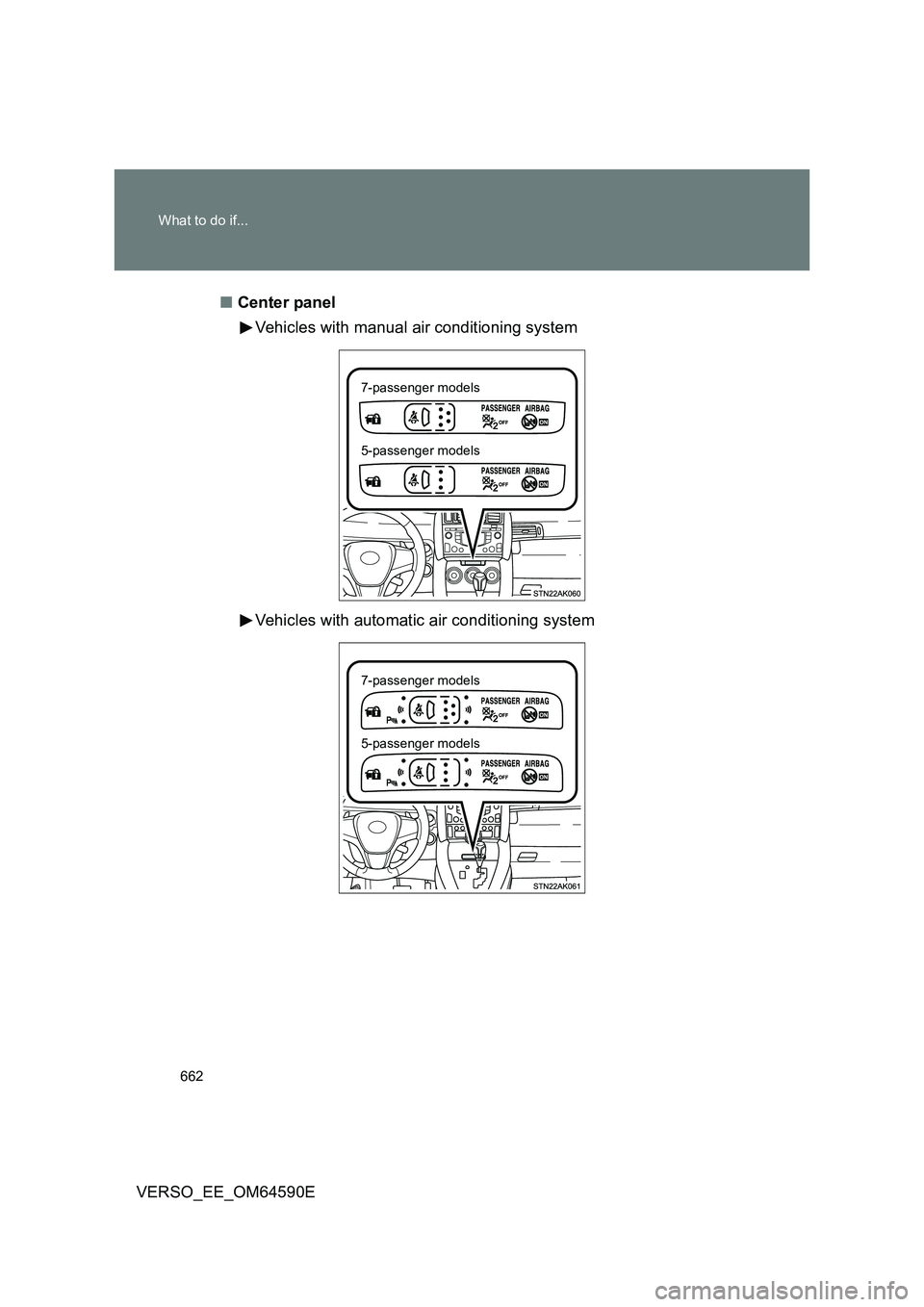 TOYOTA VERSO 2016  Owners Manual 662 
What to do if...
VERSO_EE_OM64590E 
■ Center panel 
Vehicles with manual air conditioning system 
Vehicles with automatic air conditioning system
7-passenger models 
5-passenger models
7-passen