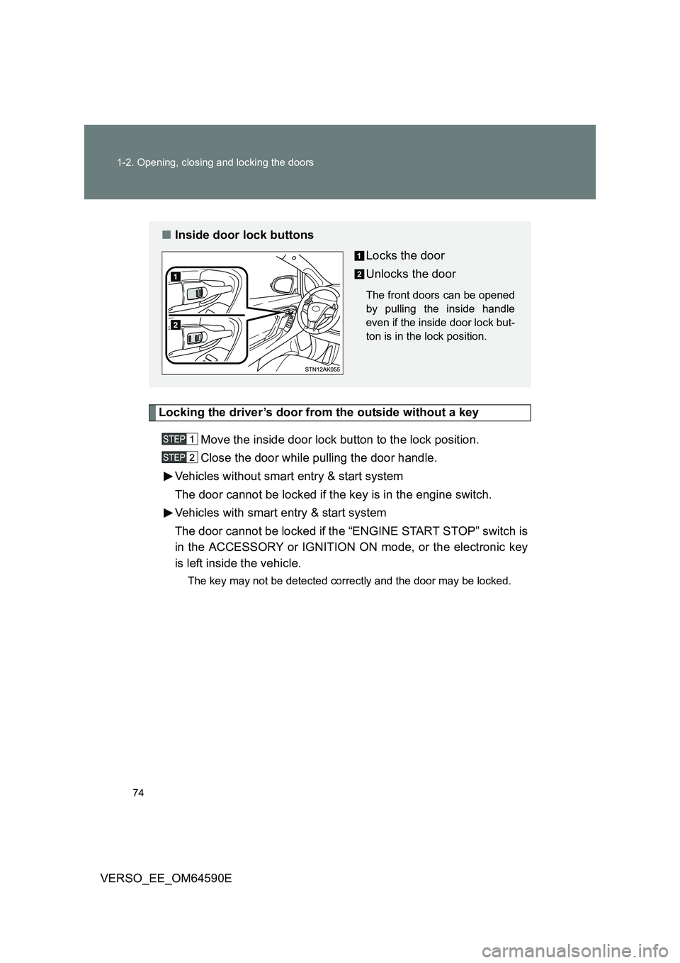 TOYOTA VERSO 2016 Manual PDF 74 
1-2. Opening, closing and locking the doors
VERSO_EE_OM64590E
Locking the driver’s door from the outside without a key 
Move the inside door lock button to the lock position. 
Close the door whi