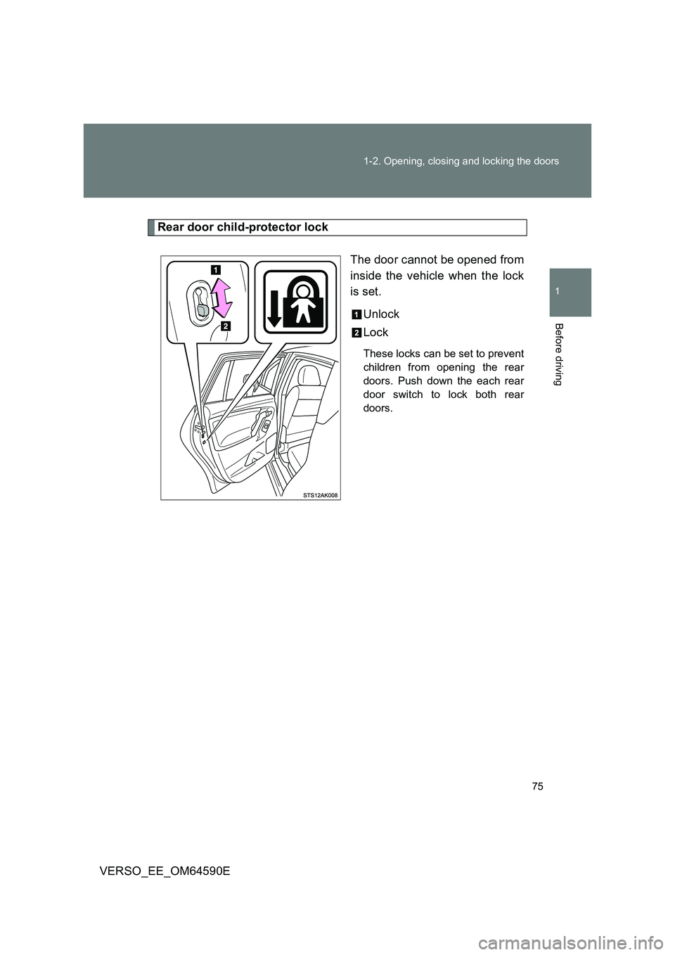 TOYOTA VERSO 2016 Manual PDF 75 
1-2. Opening, closing and locking the doors
1
Before driving
VERSO_EE_OM64590E
Rear door child-protector lock 
The door cannot be opened from 
inside the vehicle when the lock
is set. 
Unlock 
Loc