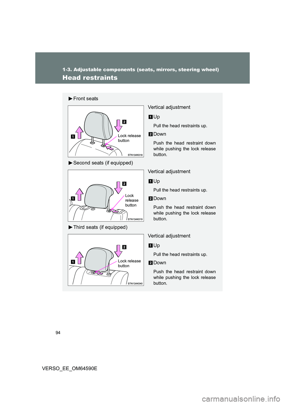 TOYOTA VERSO 2016  Owners Manual 94
1-3. Adjustable components (seats, mirrors, steering wheel)
VERSO_EE_OM64590E
Head restraints
Front seats 
Vertical adjustment 
Up
Pull the head restraints up.
Down
Push the head restraint down 
wh