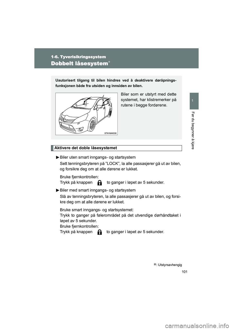 TOYOTA VERSO 2016  Instruksjoner for bruk (in Norwegian) 101
1
1-6. Tyverisikringssystem
Før du begynner å kjøre
OM64590NO
Dobbelt låsesystem
Aktivere det doble låsesystemetBiler uten smart inngangs- og startsystem
Sett tenningsbryteren på ”LOCK