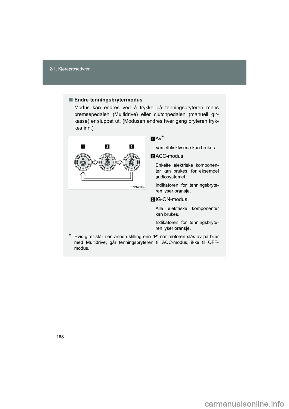 TOYOTA VERSO 2016 Instruksjoner for bruk (in Norwegian) 168
2-1. Kjøreprosedyrer
OM64590NO
n
Endre tenningsbrytermodus
Modus kan endres ved å trykke på tenningsbryteren mens
bremsepedalen (Multidrive) e ller clutchpedalen (manuell gir-
kasse) er sluppet TOYOTA VERSO 2016 Instruksjoner for bruk (in Norwegian) 168
2-1. Kjøreprosedyrer
OM64590NO
n
Endre tenningsbrytermodus
Modus kan endres ved å trykke på tenningsbryteren mens
bremsepedalen (Multidrive) e ller clutchpedalen (manuell gir-
kasse) er sluppet