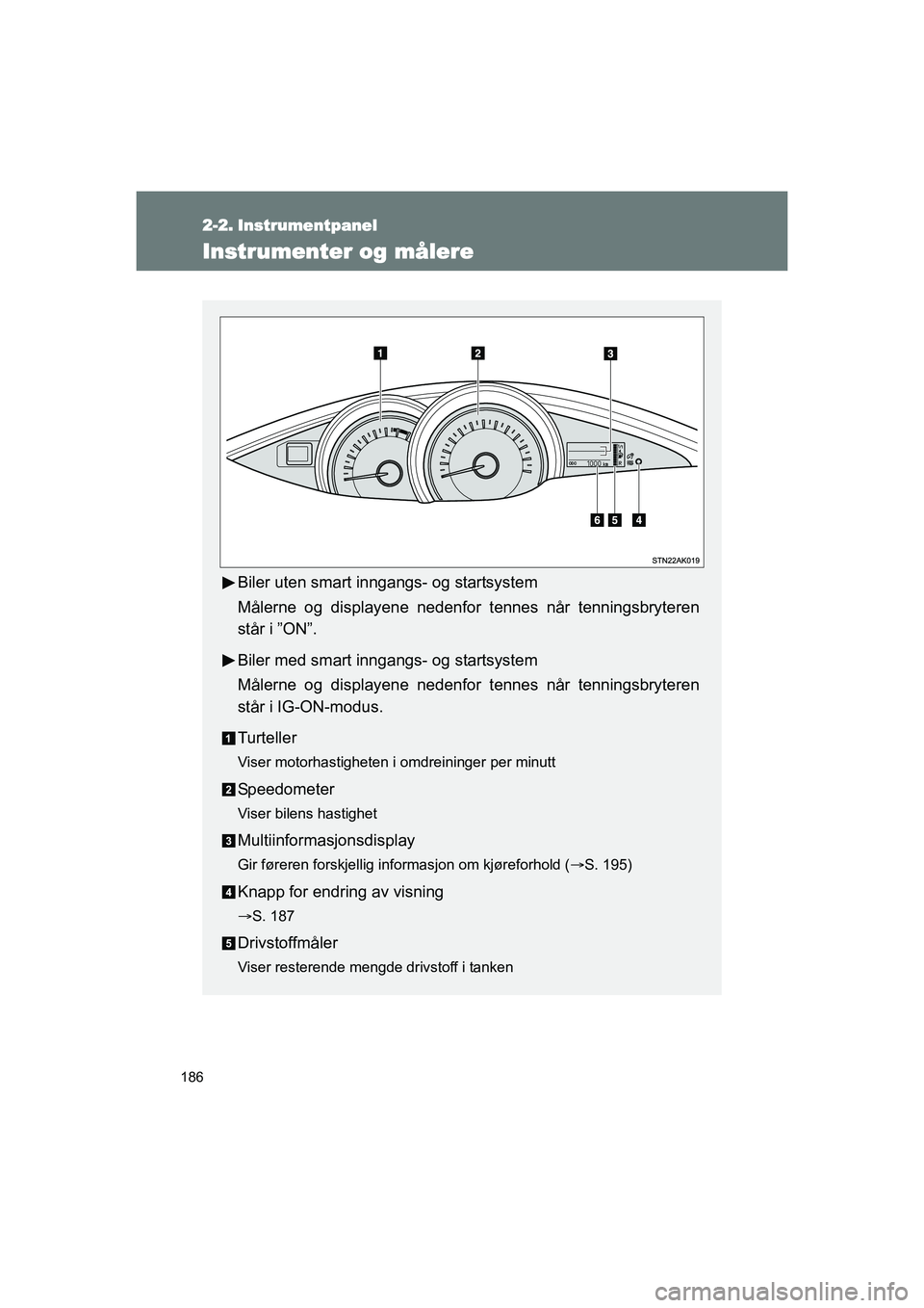 TOYOTA VERSO 2016  Instruksjoner for bruk (in Norwegian) 186
OM64590NO
2-2. Instrumentpanel
Instrumenter og målere
Biler uten smart inngangs- og startsystem
Målerne og displayene nedenfor tennes når tenningsbryteren
står i ”ON”.
Biler med smart inng