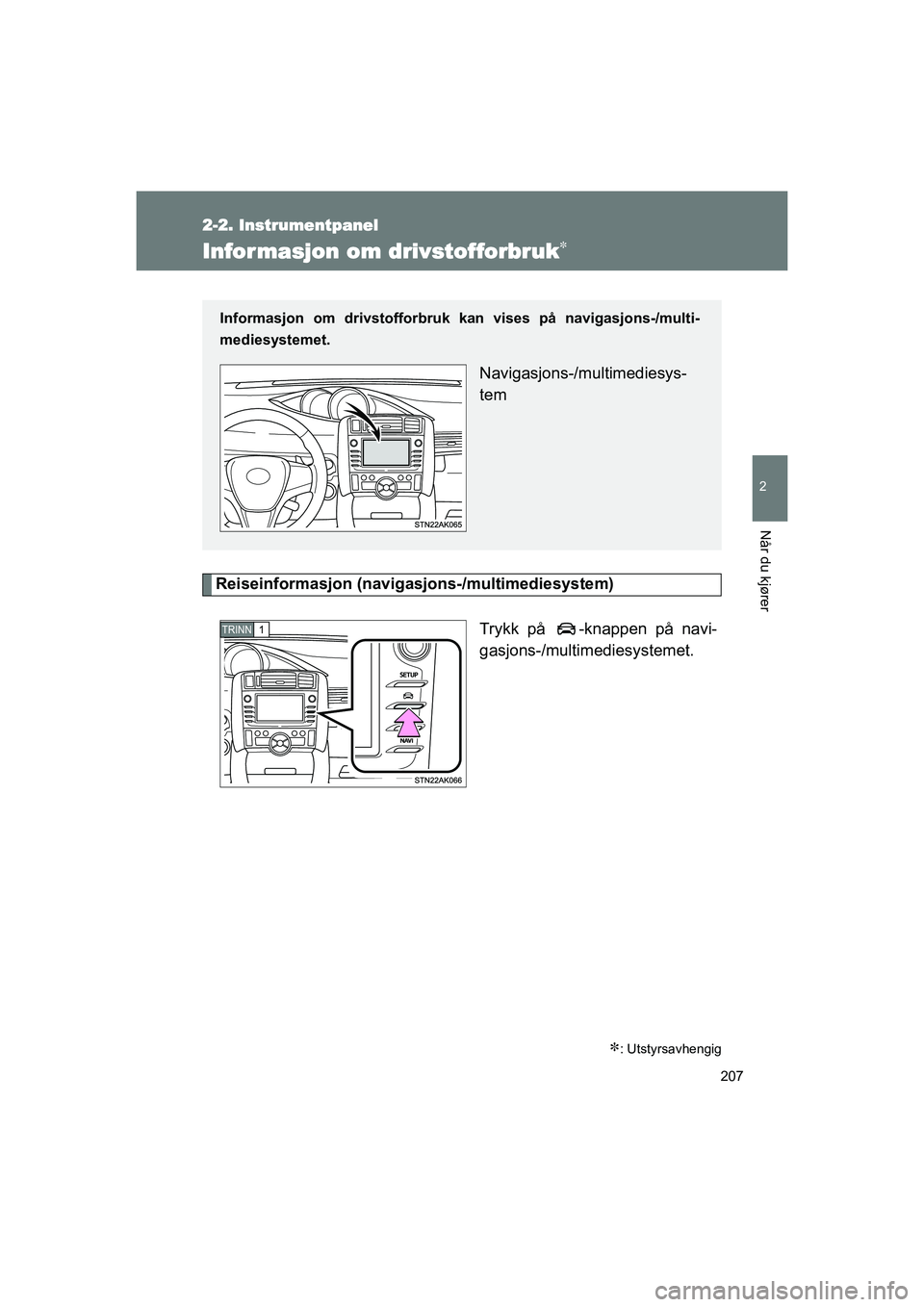TOYOTA VERSO 2016  Instruksjoner for bruk (in Norwegian) 207
2-2. Instrumentpanel
2
Når du kjører
OM64590NO
Infor masjon om drivstofforbruk
Reiseinformasjon (navigasjons-/multimediesystem)Trykk på  -knappen på navi-
gasjons-/multimediesystemet.
: 