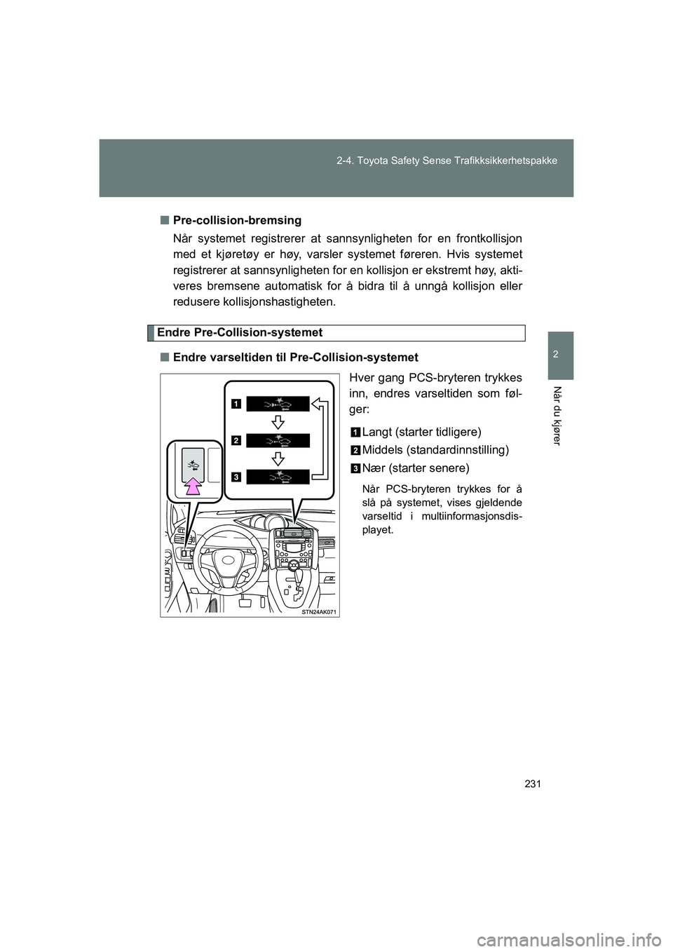 TOYOTA VERSO 2016 Instruksjoner for bruk (in Norwegian) 231
2-4. Toyota Safety Se
nse Trafikksikkerhetspakke
2
Når du kjører
OM64590NOn
Pre-collision-bremsing
Når systemet registrerer at sann synligheten for en frontkollisjon
med et kjøretøy er høy, TOYOTA VERSO 2016 Instruksjoner for bruk (in Norwegian) 231
2-4. Toyota Safety Se
nse Trafikksikkerhetspakke
2
Når du kjører
OM64590NOn
Pre-collision-bremsing
Når systemet registrerer at sann synligheten for en frontkollisjon
med et kjøretøy er høy,