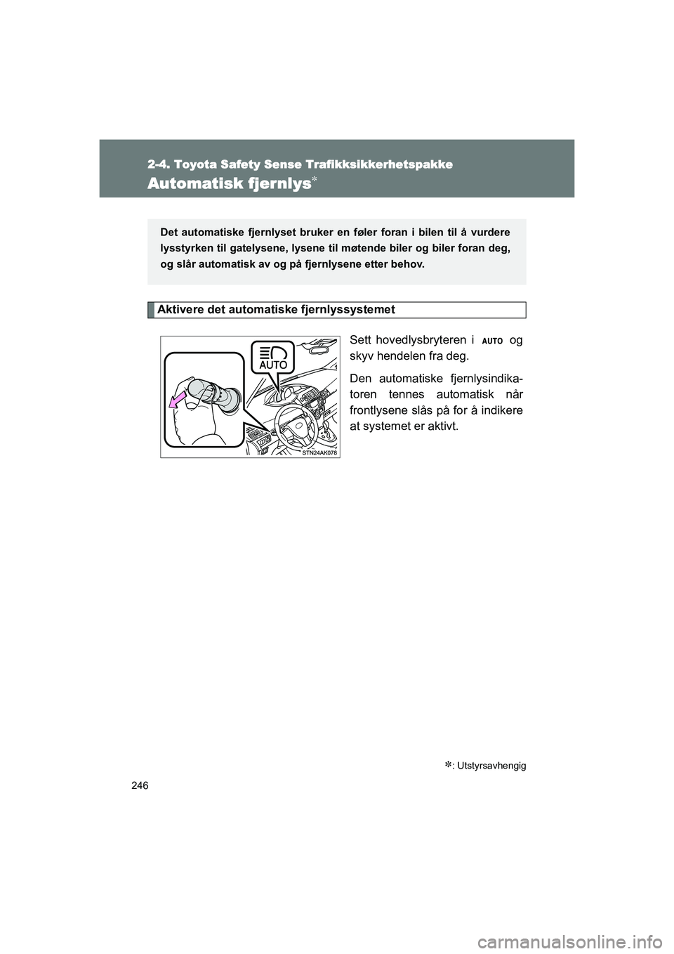 TOYOTA VERSO 2016  Instruksjoner for bruk (in Norwegian) 246
2-4. Toyota Safety Sense Trafikksikkerhetspakke
OM64590NO
Automatisk fjernlys
Aktivere det automatiske fjernlyssystemetSett hovedlysbryteren i   og
skyv hendelen fra deg.
Den automatiske fjernl