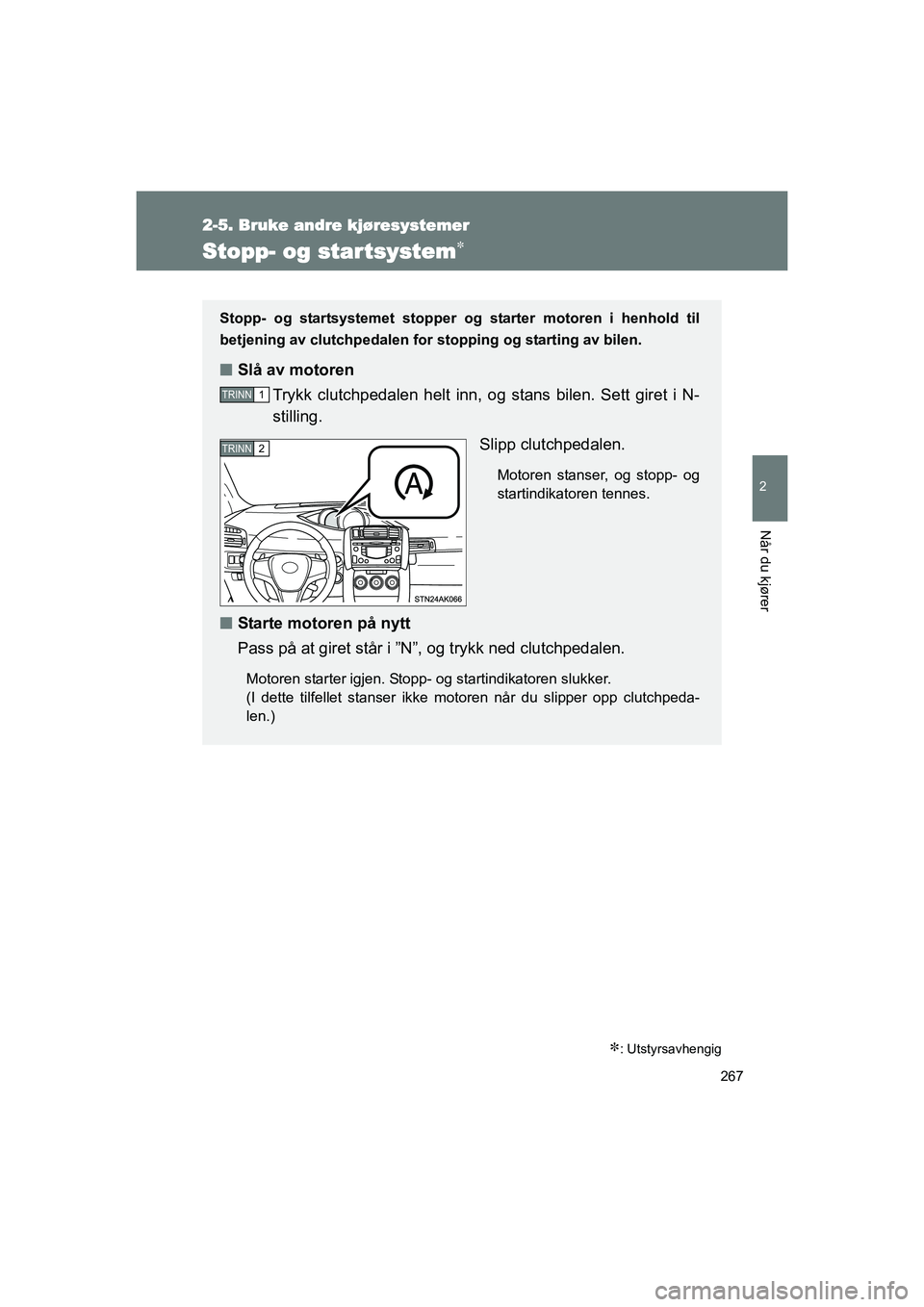 TOYOTA VERSO 2016  Instruksjoner for bruk (in Norwegian) 267
2-5. Bruke andre kjøresystemer
2
Når du kjører
OM64590NO
Stopp- og startsystem
: Utstyrsavhengig
Stopp- og startsystemet stopper og starter motoren i henhold til
betjening av clutchpedale