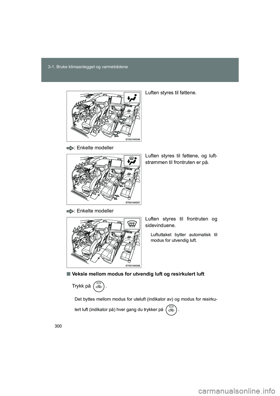 TOYOTA VERSO 2016  Instruksjoner for bruk (in Norwegian) 300
3-1. Bruke klimaanlegget og varmetrådene
OM64590NO
Luften styres til føttene.
: Enkelte modeller Luften styres til føttene, og luft-
strømmen til frontruten er på.
: Enkelte modeller Luften s