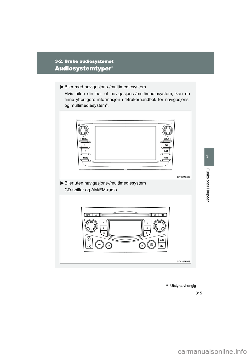 TOYOTA VERSO 2016  Instruksjoner for bruk (in Norwegian) 315
3
Funksjoner i kupeen
OM64590NO
3-2. Bruke audiosystemet
Audiosystemtyper
: Utstyrsavhengig
Biler med navigasjons-/multimediesystem
Hvis bilen din har et navigasjons-/multimediesystem, kan d