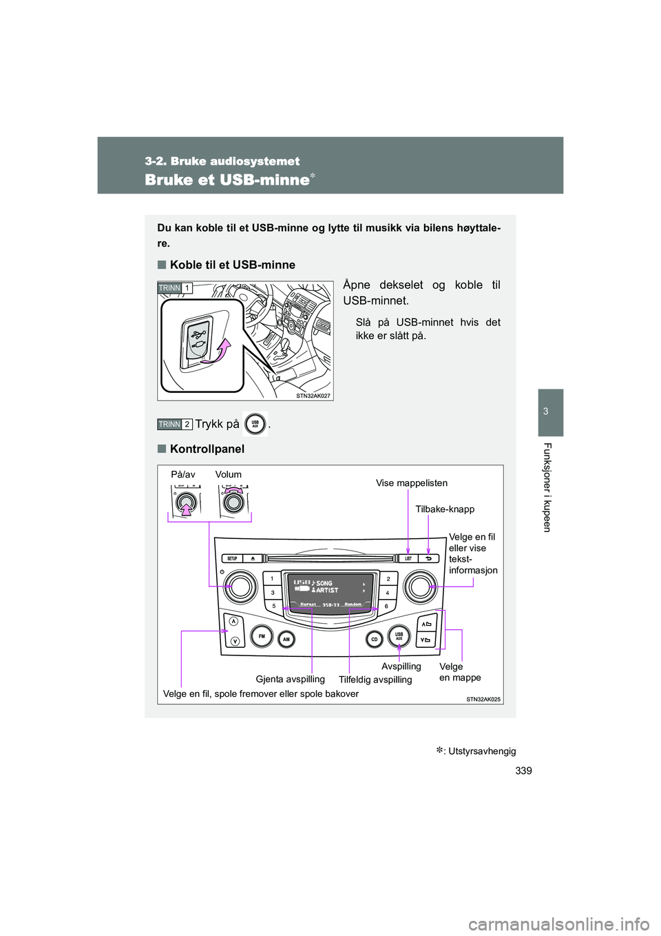 TOYOTA VERSO 2016 Instruksjoner for bruk (in Norwegian) 339
3-2. Bruke audiosystemet
3
Funksjoner i kupeen
OM64590NO
Bruke et USB-minne
: Utstyrsavhengig
Du kan koble til et USB-minne og lytte til musikk via bilens høyttale-
re.
nKoble til et USB-mi TOYOTA VERSO 2016 Instruksjoner for bruk (in Norwegian) 339
3-2. Bruke audiosystemet
3
Funksjoner i kupeen
OM64590NO
Bruke et USB-minne
: Utstyrsavhengig
Du kan koble til et USB-minne og lytte til musikk via bilens høyttale-
re.
nKoble til et USB-mi