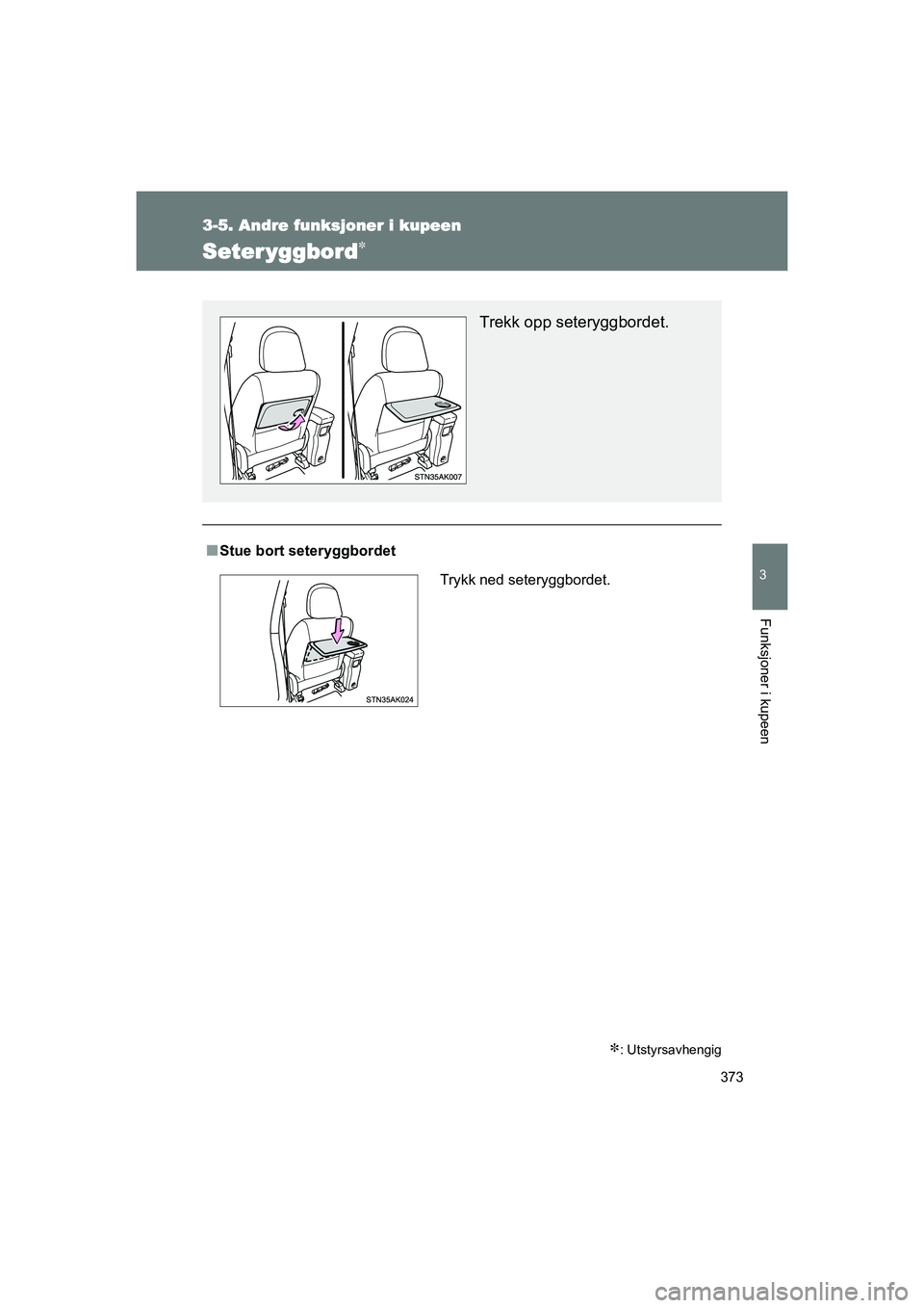 TOYOTA VERSO 2016  Instruksjoner for bruk (in Norwegian) 373
3-5. Andre funksjoner i kupeen
3
Funksjoner i kupeen
OM64590NO
Seter yggbord
: Utstyrsavhengig
nStue bort seteryggbordet
Trekk opp seteryggbordet.
Trykk ned seteryggbordet.
OM64590NO.book  P
