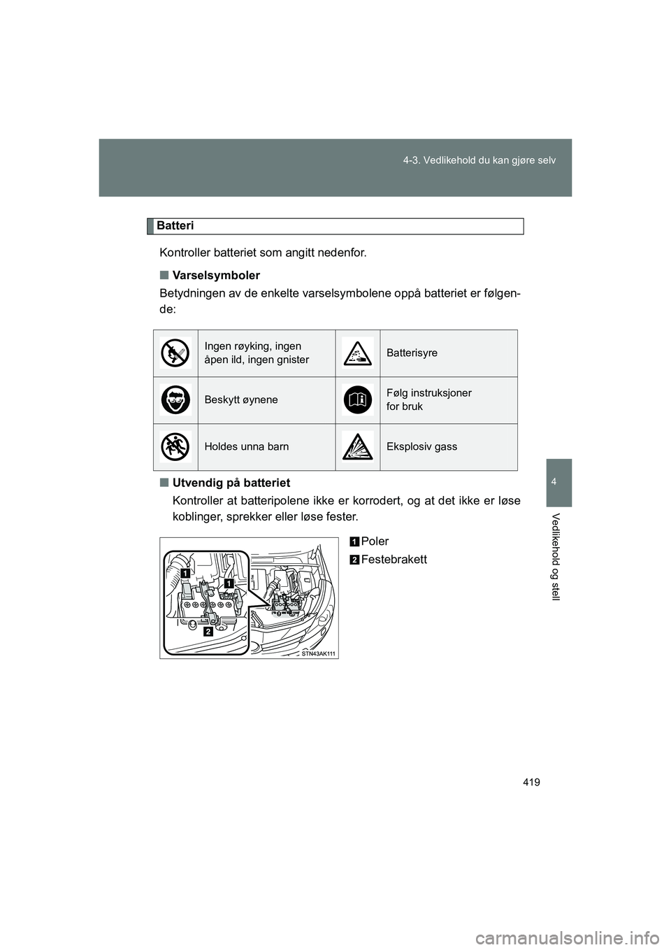 TOYOTA VERSO 2016  Instruksjoner for bruk (in Norwegian) 419
4-3. Vedlikehold du kan gjøre selv
4
Vedlikehold og stell
OM64590NO
Batteri
Kontroller batteriet som angitt nedenfor.
n Varselsymboler
Betydningen av de enkelte varselsym bolene oppå batteriet e