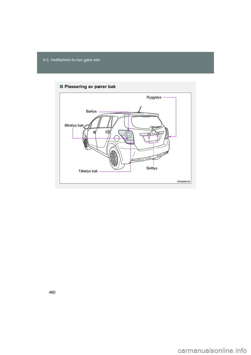 TOYOTA VERSO 2016  Instruksjoner for bruk (in Norwegian) 460
4-3. Vedlikehold du kan gjøre selv
OM64590NO
n
Plassering av pærer bak
Baklys
Skiltlys
Blinklys bak
Ryggelys
Tåkelys bak
OM64590NO.book  Page 460  Tuesday, March 1, 2016  3:08 PM 