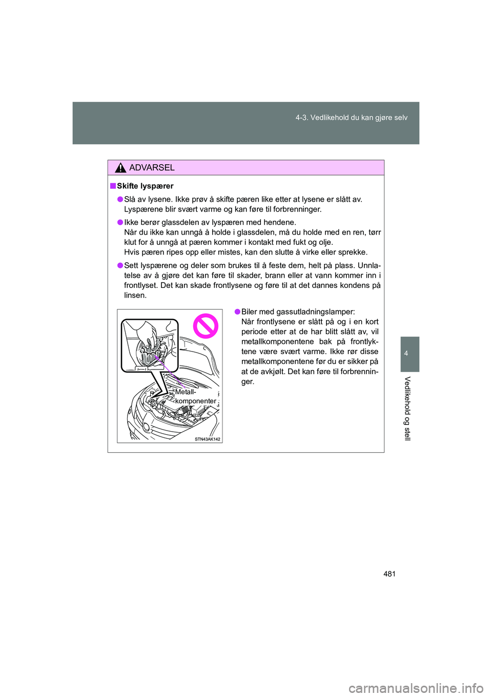 TOYOTA VERSO 2016 Instruksjoner for bruk (in Norwegian) 481
4-3. Vedlikehold du kan gjøre selv
4
Vedlikehold og stell
OM64590NO
ADVARSEL
n
Skifte lyspærer
l Slå av lysene. Ikke prøv å skifte pæren like etter at lysene er slått av.
Lyspærene blir sv TOYOTA VERSO 2016 Instruksjoner for bruk (in Norwegian) 481
4-3. Vedlikehold du kan gjøre selv
4
Vedlikehold og stell
OM64590NO
ADVARSEL
n
Skifte lyspærer
l Slå av lysene. Ikke prøv å skifte pæren like etter at lysene er slått av.
Lyspærene blir sv