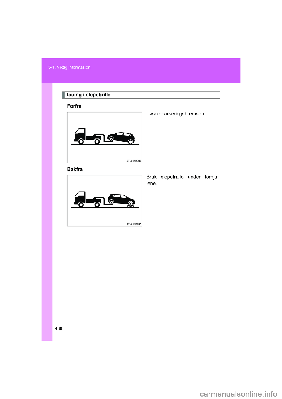 TOYOTA VERSO 2016 Instruksjoner for bruk (in Norwegian) 486
5-1. Viktig informasjon
OM64590NO
Tauing i slepebrille
Forfra Løsne parkeringsbremsen.
Bakfra Bruk slepetralle under forhju-
lene.
OM64590NO.book Page 486 Tuesday, March 1, 2016 3:08 PM TOYOTA VERSO 2016 Instruksjoner for bruk (in Norwegian) 486
5-1. Viktig informasjon
OM64590NO
Tauing i slepebrille
Forfra Løsne parkeringsbremsen.
Bakfra Bruk slepetralle under forhju-
lene.
OM64590NO.book Page 486 Tuesday, March 1, 2016 3:08 PM