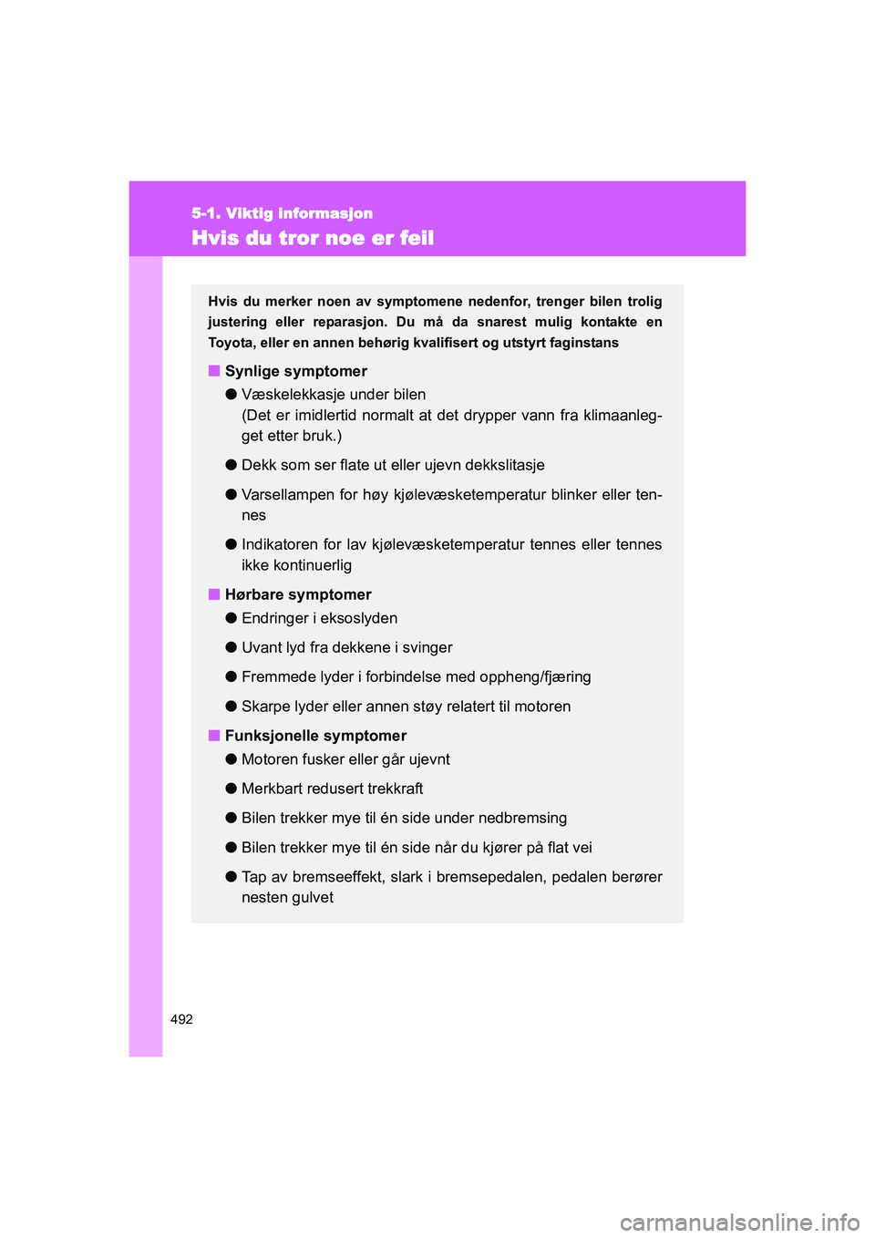 TOYOTA VERSO 2016 Instruksjoner for bruk (in Norwegian) 492
5-1. Viktig informasjon
OM64590NO
Hvis du tror noe er feil
Hvis du merker noen av symptomene nedenfor, trenger bilen trolig
justering eller reparasjon. Du må da snarest mulig kontakte en
Toyota, TOYOTA VERSO 2016 Instruksjoner for bruk (in Norwegian) 492
5-1. Viktig informasjon
OM64590NO
Hvis du tror noe er feil
Hvis du merker noen av symptomene nedenfor, trenger bilen trolig
justering eller reparasjon. Du må da snarest mulig kontakte en
Toyota,