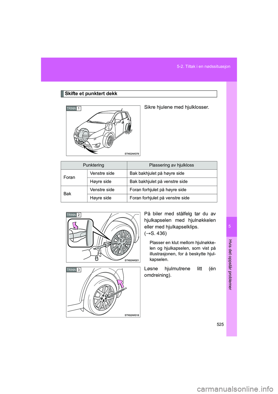TOYOTA VERSO 2016  Instruksjoner for bruk (in Norwegian) 5
525
5-2. Tiltak i en nødssituasjon
Hvis det oppstår problemer
OM64590NO
Skifte et punktert dekk
Sikre hjulene med hjulklosser.
På biler med stålfelg tar du av
hjulkapselen med hjulnøkkelen
elle