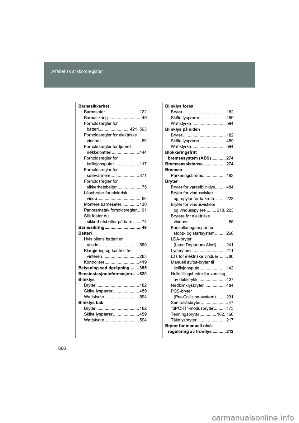 TOYOTA VERSO 2016 Instruksjoner for bruk (in Norwegian) 606
Alfabetisk stikkordregister
OM64590NO
Barnesikkerhet
Barneseter ............................ 122
Barnesikring ............................ 49
Forholdsregler forbatteri.......................... 42 TOYOTA VERSO 2016 Instruksjoner for bruk (in Norwegian) 606
Alfabetisk stikkordregister
OM64590NO
Barnesikkerhet
Barneseter ............................ 122
Barnesikring ............................ 49
Forholdsregler forbatteri.......................... 42
