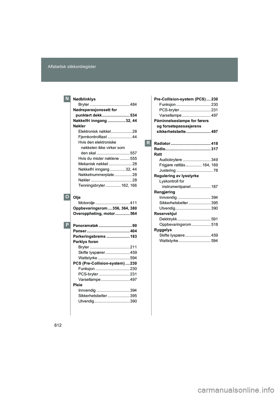 TOYOTA VERSO 2016  Instruksjoner for bruk (in Norwegian) 612
Alfabetisk stikkordregister
OM64590NO
Nødblinklys
Bryter .................................... 484
Nødreparasjonssett for  punktert dekk ......................... 534
Nøkkelfri inngang .........