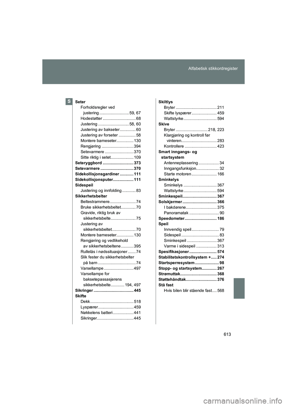 TOYOTA VERSO 2016  Instruksjoner for bruk (in Norwegian) 613
Alfabetisk sti
kkordregister
OM64590NO
Seter
Forholdsregler ved
justering .......................... 59, 67
Hodestøtter ............................. 68
Justering ........................... 58, 