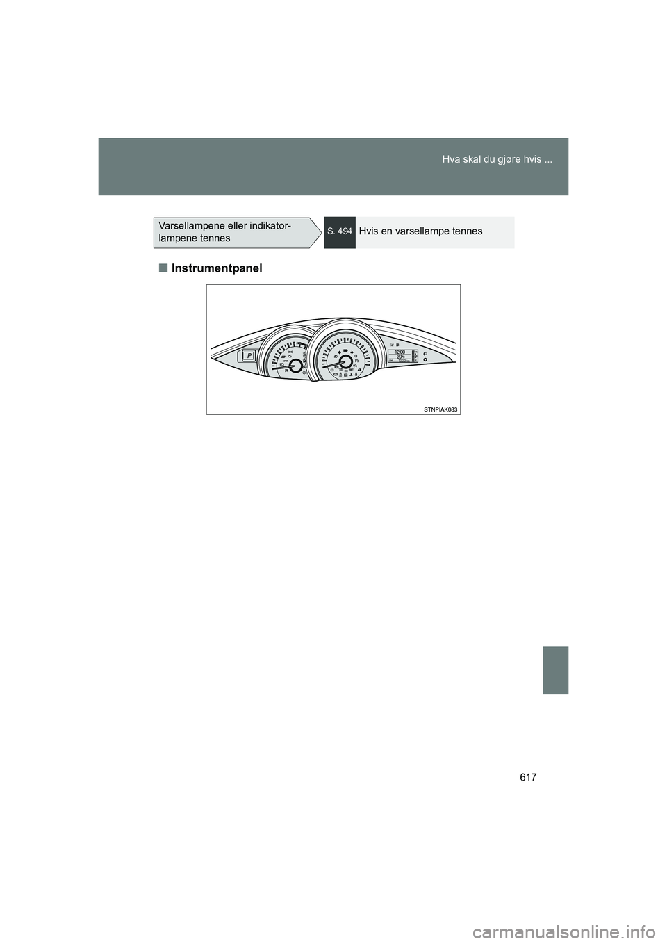TOYOTA VERSO 2016  Instruksjoner for bruk (in Norwegian) 617
Hva skal du gjøre hvis ...
OM64590NO
n
Instrumentpanel
Varsellampene eller indikator-
lampene tennesS. 494Hvis en varsellampe tennes
OM64590NO.book  Page 617  Tuesday, March 1, 2016  3:08 PM 