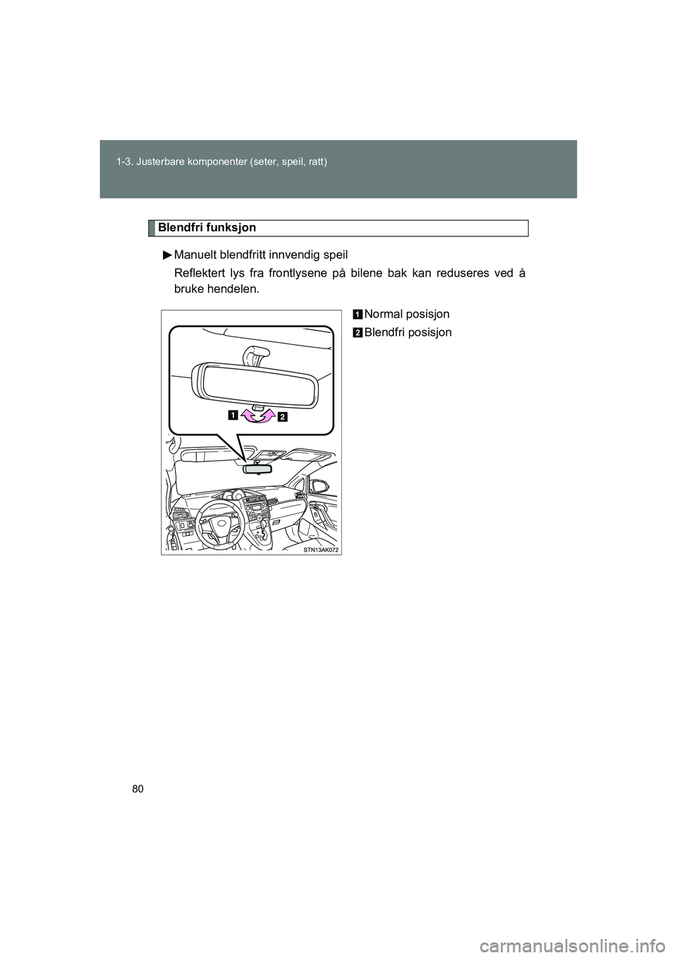 TOYOTA VERSO 2016  Instruksjoner for bruk (in Norwegian) 80
1-3. Justerbare komponent
er (seter, speil, ratt)
OM64590NO
Blendfri funksjon
Manuelt blendfritt innvendig speil
Reflektert lys fra frontlysene på  bilene bak kan reduseres ved å
bruke hendelen.
