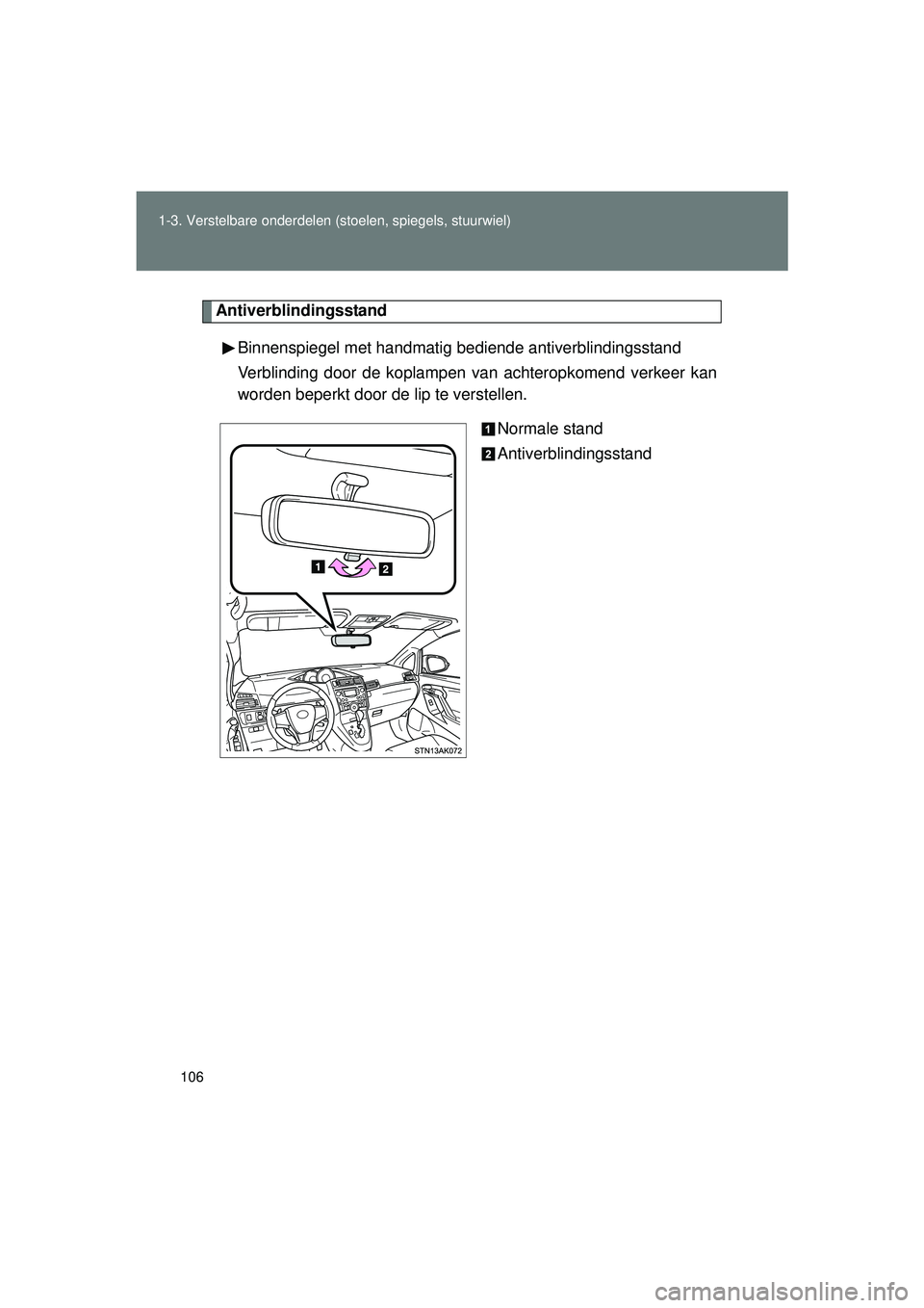 TOYOTA VERSO 2016  Instructieboekje (in Dutch) 106
1-3. Verstelbare onderdelen (stoelen, spiegels, stuurwiel)
VERSO_EE_OM64590E
Antiverblindingsstand
Binnenspiegel met handmatig be diende antiverblindingsstand
Verblinding door de koplampen van ach