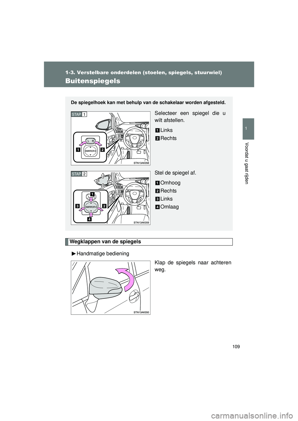 TOYOTA VERSO 2016  Instructieboekje (in Dutch) 109
1
1-3. Verstelbare onderdelen (stoelen, spiegels, stuurwiel)
Voordat u gaat rijden
VERSO_EE_OM64590E
Buitenspiegels
Wegklappen van de spiegelsHandmatige bediening Klap de spiegels naar achteren
we