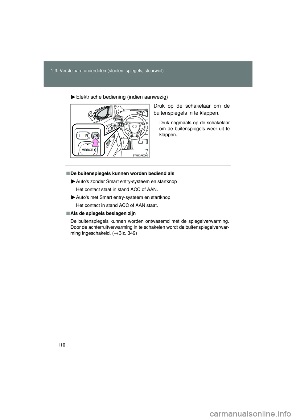 TOYOTA VERSO 2016  Instructieboekje (in Dutch) 110
1-3. Verstelbare onderdelen (stoelen, spiegels, stuurwiel)
VERSO_EE_OM64590E
Elektrische bediening (indien aanwezig)
Druk op de schakelaar om de
buitenspiegels in te klappen.
Druk nogmaals op de s