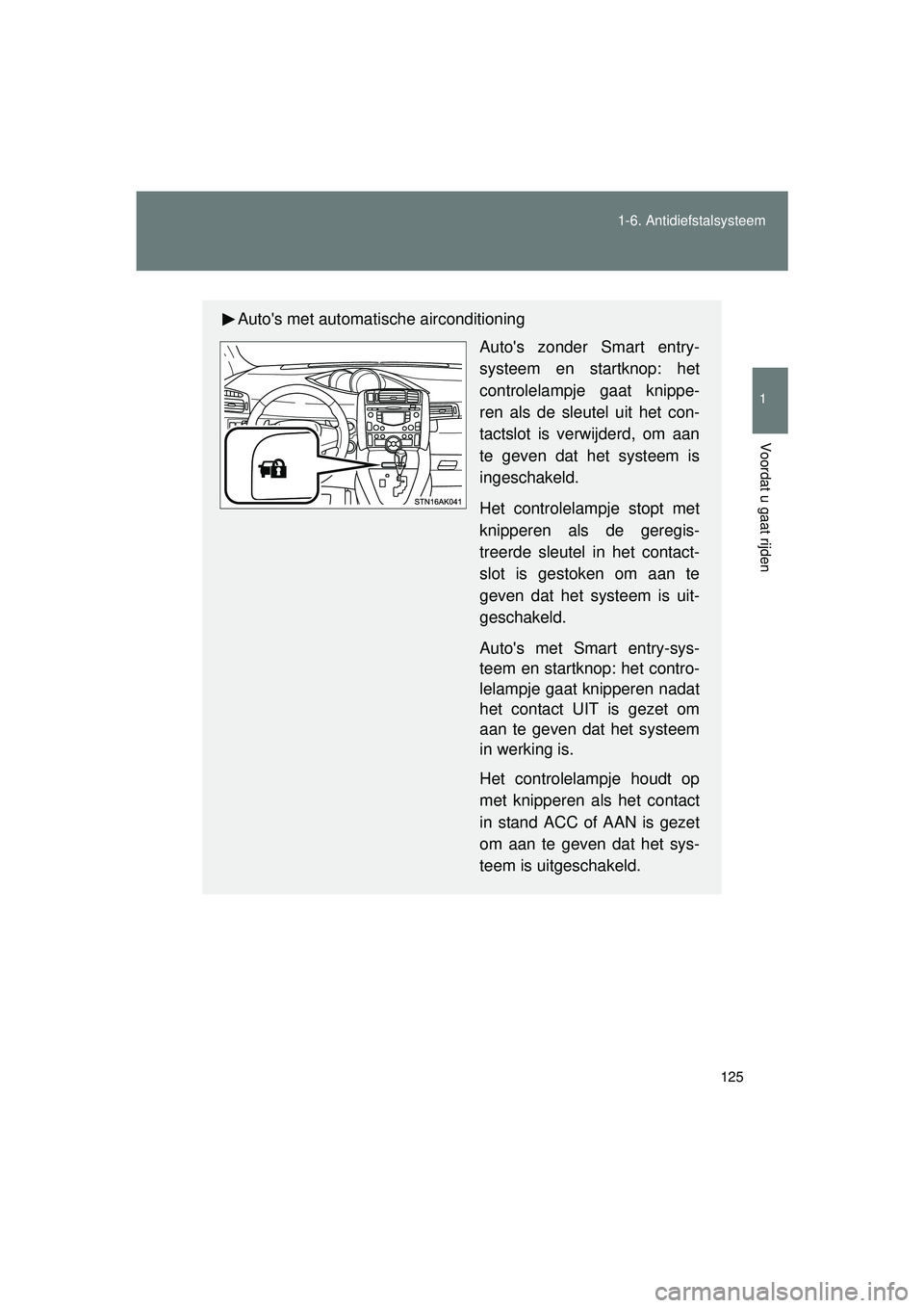 TOYOTA VERSO 2016  Instructieboekje (in Dutch) 125
1-6. Antidiefstalsysteem
1
Voordat u gaat rijden
VERSO_EE_OM64590E
Autos met automat
ische airconditioning
Autos zonder Smart entry-
systeem en startknop: het
controlelampje gaat knippe-
ren als