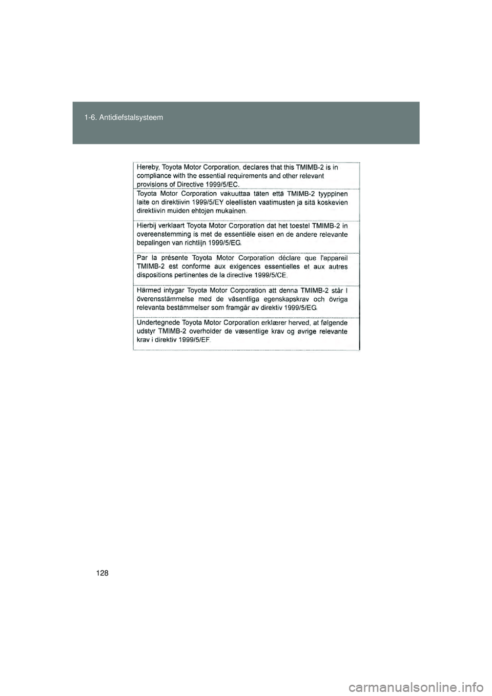 TOYOTA VERSO 2016  Instructieboekje (in Dutch) 128
1-6. Antidiefstalsysteem
VERSO_EE_OM64590E
VERSO_OM_Europe_OM64590E.book  Page 128  Thursday, November 19, 2015  3:49 PM 