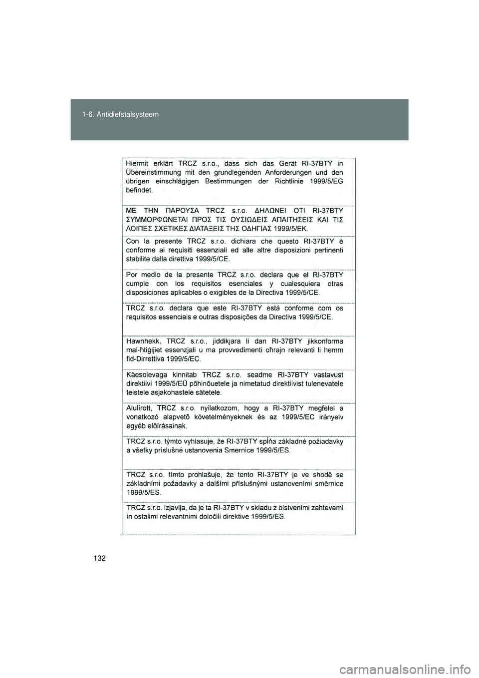 TOYOTA VERSO 2016  Instructieboekje (in Dutch) 132
1-6. Antidiefstalsysteem
VERSO_EE_OM64590E
VERSO_OM_Europe_OM64590E.book  Page 132  Thursday, November 19, 2015  3:49 PM 