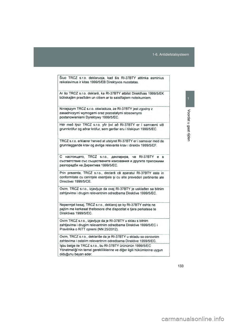 TOYOTA VERSO 2016  Instructieboekje (in Dutch) 133
1-6. Antidiefstalsysteem
1
Voordat u gaat rijden
VERSO_EE_OM64590E
VERSO_OM_Europe_OM64590E.book  Page 133  Thursday, November 19, 2015  3:49 PM 