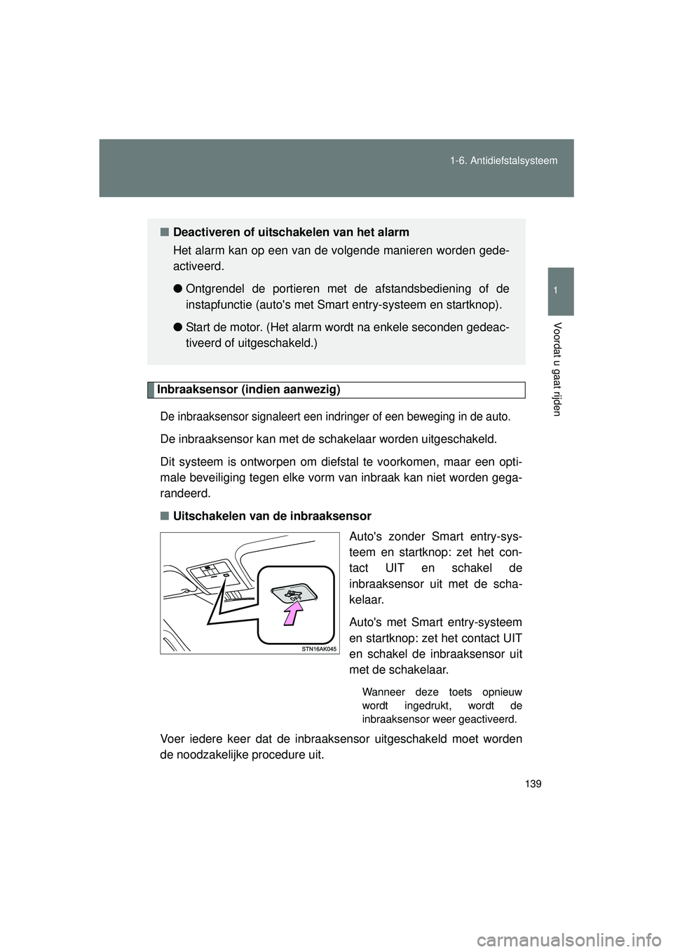 TOYOTA VERSO 2016 Instructieboekje (in Dutch) 139
1-6. Antidiefstalsysteem
1
Voordat u gaat rijden
VERSO_EE_OM64590E
Inbraaksensor (indien aanwezig)
De inbraaksensor signaleert een indringer of een beweging in de auto.
De inbraaksensor kan met de TOYOTA VERSO 2016 Instructieboekje (in Dutch) 139
1-6. Antidiefstalsysteem
1
Voordat u gaat rijden
VERSO_EE_OM64590E
Inbraaksensor (indien aanwezig)
De inbraaksensor signaleert een indringer of een beweging in de auto.
De inbraaksensor kan met de