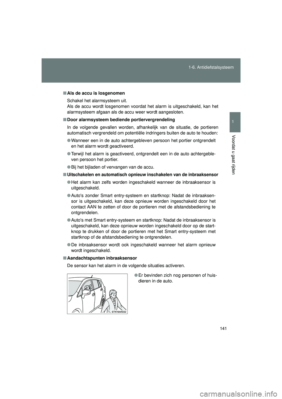 TOYOTA VERSO 2016 Instructieboekje (in Dutch) 141
1-6. Antidiefstalsysteem
1
Voordat u gaat rijden
VERSO_EE_OM64590E
■
Als de accu is losgenomen
Schakel het alarmsysteem uit.
Als de accu wordt losgenomen voordat het alarm is uitgeschakeld, kan TOYOTA VERSO 2016 Instructieboekje (in Dutch) 141
1-6. Antidiefstalsysteem
1
Voordat u gaat rijden
VERSO_EE_OM64590E
■
Als de accu is losgenomen
Schakel het alarmsysteem uit.
Als de accu wordt losgenomen voordat het alarm is uitgeschakeld, kan