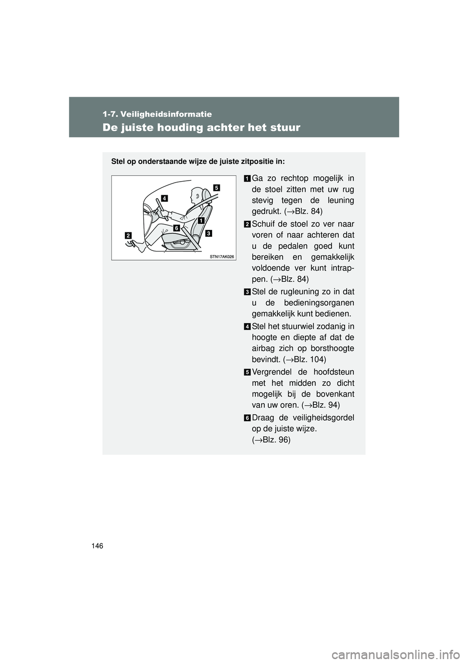 TOYOTA VERSO 2016 Instructieboekje (in Dutch) 146
VERSO_EE_OM64590E
1-7. Veiligheidsinformatie
De juiste houding achter het stuur
Stel op onderstaande wijze de juiste zitpositie in:
Ga zo rechtop mogelijk in
de stoel zitten met uw rug
stevig tege TOYOTA VERSO 2016 Instructieboekje (in Dutch) 146
VERSO_EE_OM64590E
1-7. Veiligheidsinformatie
De juiste houding achter het stuur
Stel op onderstaande wijze de juiste zitpositie in:
Ga zo rechtop mogelijk in
de stoel zitten met uw rug
stevig tege